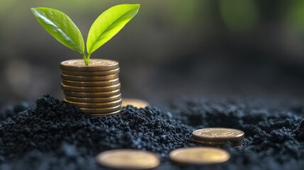 A stack of coins with a green plant growing next to it, symbolizing financial growth and savings in a minimalist backdrop