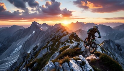 Wall Mural - Thrilling mountain biking adventure on a rugged ridge at sunset amidst stunning mountain vistas and a dramatic sky