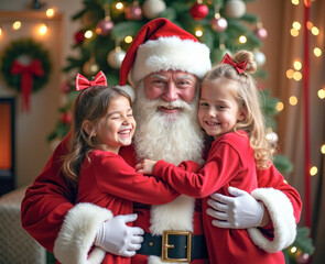 Happy Santa Claus hugs with children on the background of a Christmas tree