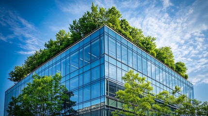 Wall Mural - Ecofriendly building in the modern city Sustainable glass office building with trees for reducing heat and carbon dioxide Office building with green environment Corporate building redu : Generative AI