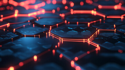 Poster - futuristic hexagonal network illuminated by red lights, symbolizing the ideas of technology and prog