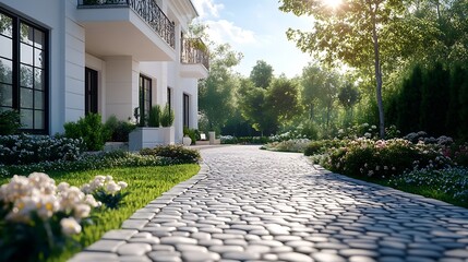 Aufkleber - White simple family house with cobblestone entry pathway : Generative AI