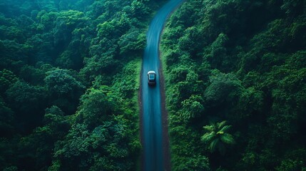 Poster - Adventure morning road trip in the forest aerial view of a car on deep jungle road On The Road Again concept : Generative AI