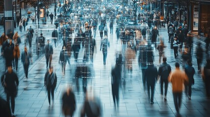 Fototapete - Elevated Security Camera Surveillance Footage of a Crowd of People Walking on Busy Urban City Streets CCTV AI Facial Recognition Big Data Analysis Interface Scanning Showing Personal I : Generative AI