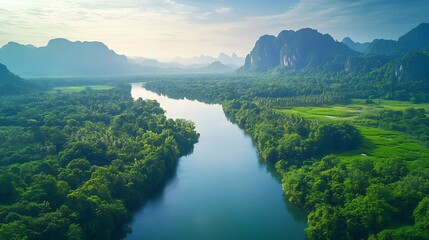 Poster - Beautiful natural scenery of river in southeast Asia tropical green forest  with mountains in background aerial view drone shot : Generative AI