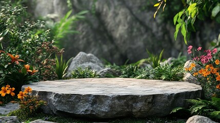 Poster - Front view of the stone podium showcases products in a garden with flowers plants and branches Empty platform : Generative AI