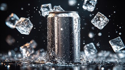 Poster - Empty aluminium can mockup with flying ice cubes and splash isolated on black background : Generative AI