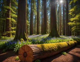 verdant sunlit forest of towering conifers with vibrant bluebells carpeting the ground