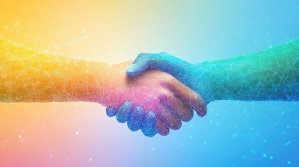 A virtual handshake on a calming gradation color background, illustrating modern digital communication and professional unity