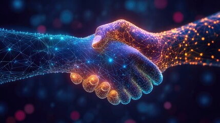 A virtual handshake with a gentle gradation light color setting, highlighting modern digital networking and professional growth