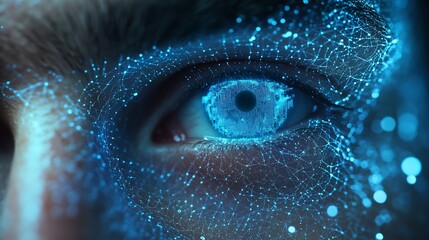 Poster - Scan hologram eyes and face of man of biometric data cybersecurity and futuristic technology Holographic portrait identity software and person with future or digital facial recognition : Generative AI