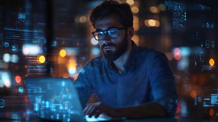 Poster - Thoughtful businessman programmer in casual wear typing on laptop at office workplace Concept of tech work business education internet surfing information technology Ai hologram : Generative AI