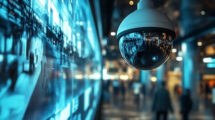 Poster - Surveillance Camera CCTV Footage Multiple Screens Show Inside Building Unrecignizible People Walk HighTech Security Data Protection Mockup Screen Replacement Template for Computer Disp : Generative AI