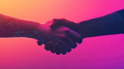 A virtual handshake with a vibrant gradation light color backdrop, highlighting digital collaboration and modern professional networking