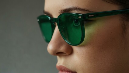 Close-up of a person wearing green glasses.