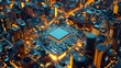 © Veayo - photo of quantum computer chip, above the chip there's a city with buildings and houses