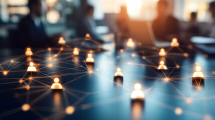 Fototapete - Luminous points connected by lines symbolize a network, with business professionals working in the background