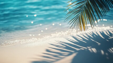 Poster - palm leaf shadow on abstract white sand beach background sun lights on water surface beautiful abstract background concept banner for summer vacation at the beach : Generative AI