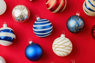 Festive christmas ornaments on vibrant red background