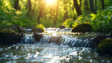 Poster - Spring background Stream of water in the forest : Generative AI