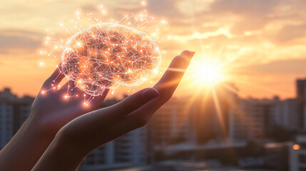 Poster - Woman is holding glowing polygonal brain in her hands at sunset with a city in the background