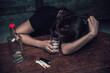 © reewungjunerr - Asian woman drink vodka alone at home on night time,Thailand people,Stress woman drunk concept