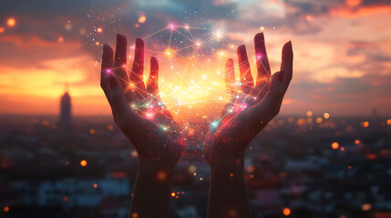 Aufkleber - At sunset, a businesswoman holds a radiant network of connections above a city skyline