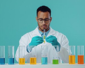 Scientist wearing a lab coat studying complex organic compounds, synthesis research, chemical study