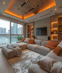 Wall Mural - Cozy modern living room interior with city view, comfortable furniture, and elegant decor