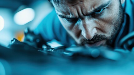 A mechanic intensely inspects complex machinery, showing his dedication and attention to detail, representative of human focus and perseverance in manual labor.