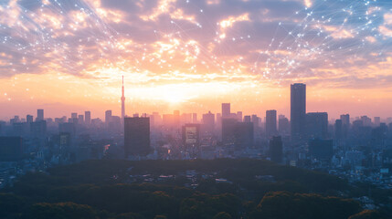 Aufkleber - Tokyo, japan skyline at sunset with illuminated network communication lines, symbolizing global interconnectedness