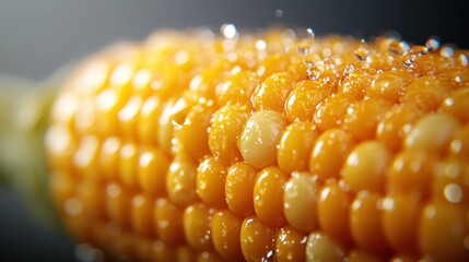 A vivid image capturing a detailed close-up of corn kernels adorned with water droplets, emphasizing the freshness and natural appeal of the produce.