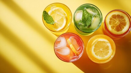 Poster - Takeaway glasses of summer drinks with ice top view Lemonades and coctails on yellow background : Generative AI