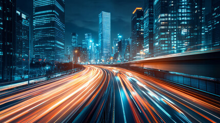 Fototapete - Nighttime highway scene with car lights and skyscrapers in long exposure shot