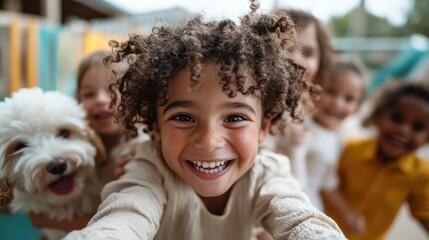 A joyful child with friends and an adorable dog is captured in a cheerful, dynamic scene, exemplifying happiness and friendship through smiles and playful energy.