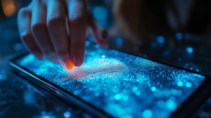 Leinwandbilder - Biometric security network privacy data protection Woman fingerprint identification on mobile phone to access personal financial data mobile banking app cyber security technology data  : Generative AI