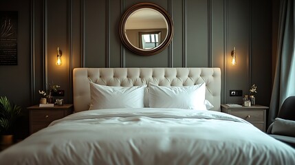 Poster - Interior of stylish room with big bed and mirror : Generative AI