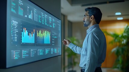 Poster - Modern South Asian Business Office Meeting Confident Indian Manager Uses Interactive Display Makes Report to a Group of Corporate Partners Shows Statistics Growth and Financial Analyti : Generative AI