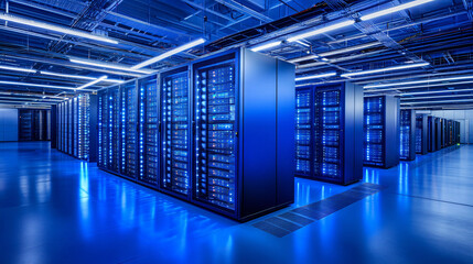 Aufkleber - Data center server room hosting many servers with bright blue lights reflecting on the floor