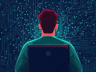 Programmer writing algorithms, circuit board background, flat design illustration