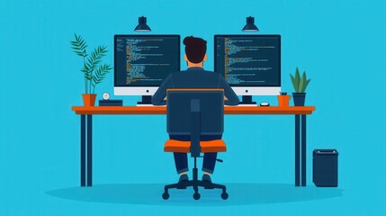 Wall Mural - Software engineer reviewing code, feedback and approval icons, flat design illustration