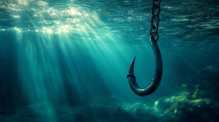 Poster - Login Information Attached To Large Hook Under Water With Sunlight  Phishing Concept : Generative AI