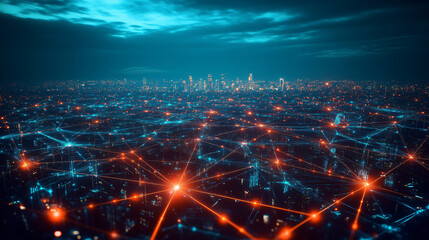 Aufkleber - Connecting buildings and establishing communication: glowing dots and lines illuminate the city at night