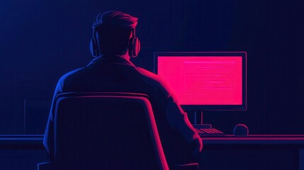 Programmer working in a dark mode environment, screens glowing, flat design illustration