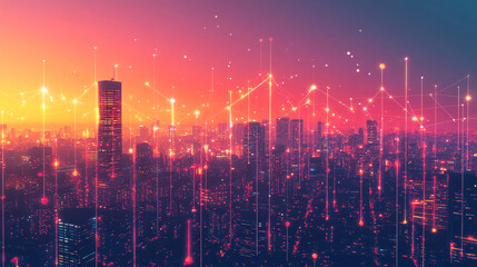 Poster - Futuristic cityscape with glowing lines connecting buildings, illustrating the concept of a smart city and interconnectedness