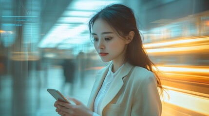 Leinwandbilder - Business woman smartphone at office with motion blur and communication fast pace and busy with technology and wifi Chat email and social media female and speed with movement and mobile : Generative AI