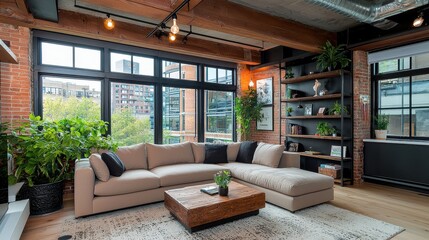 Wall Mural - A living room with a couch, coffee table, and potted plants. The couch is white and the coffee table is brown. The room has a modern and cozy feel