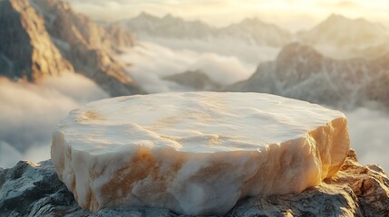 Aufkleber - Surreal natural rough white beige mable stone podium on cloud mountain nature landscape background with spaceCosmetic beauty product placement pedestal rock stand displayminimal dreamy : Generative AI
