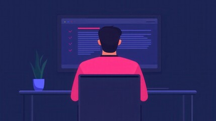 Developer testing software, loading bar and error notifications, flat design illustration