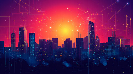 Poster - As the sun sets, a futuristic city skyline evolves into a digital network, representing the idea of smart cities and technological progress